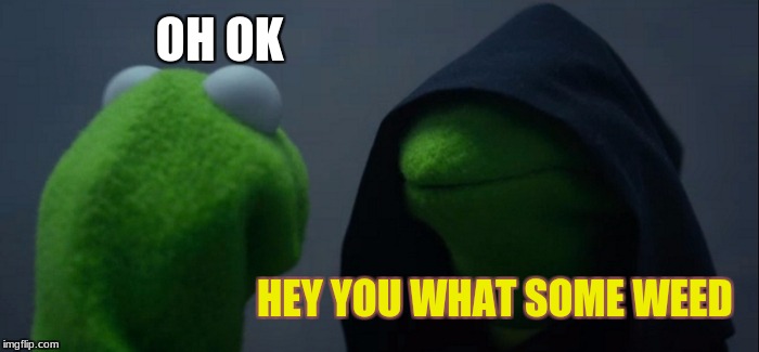 Evil Kermit Meme | OH OK; HEY YOU WHAT SOME WEED | image tagged in memes,evil kermit | made w/ Imgflip meme maker