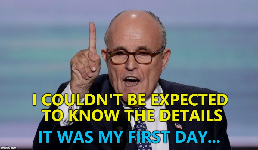 Rudy explains why he wasn't up to speed with the "facts"... :) | I COULDN'T BE EXPECTED TO KNOW THE DETAILS; IT WAS MY FIRST DAY... | image tagged in rudy,memes | made w/ Imgflip meme maker