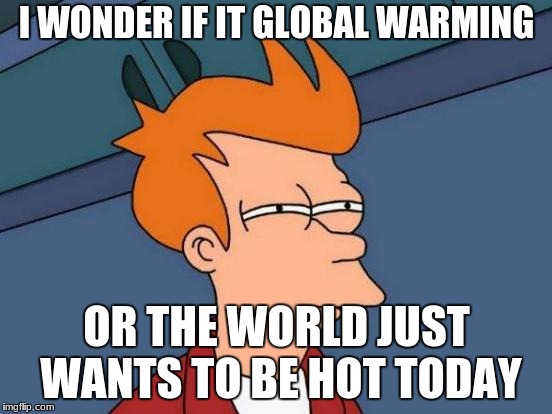 Futurama Fry | I WONDER IF IT GLOBAL WARMING; OR THE WORLD JUST WANTS TO BE HOT TODAY | image tagged in memes,futurama fry | made w/ Imgflip meme maker