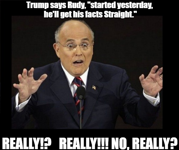 HEY RUDY ! | Trump says Rudy, "started yesterday, he'll get his facts Straight."; REALLY!?   REALLY!!! NO, REALLY? | image tagged in donald trump,rudy giuliani,political meme | made w/ Imgflip meme maker