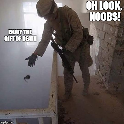 Grenade Drop | OH LOOK, NOOBS! ENJOY THE GIFT OF DEATH | image tagged in grenade drop | made w/ Imgflip meme maker