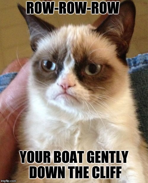 Grumpy Cat Meme | ROW-ROW-ROW; YOUR BOAT GENTLY DOWN THE CLIFF | image tagged in memes,grumpy cat | made w/ Imgflip meme maker