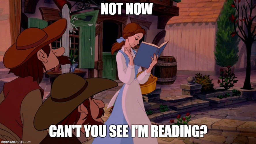 Belle reading a book | NOT NOW; CAN'T YOU SEE I'M READING? | image tagged in belle reading a book | made w/ Imgflip meme maker