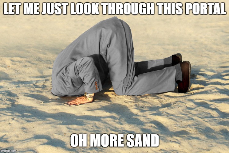 head in sand | LET ME JUST LOOK THROUGH THIS PORTAL; OH MORE SAND | image tagged in head in sand | made w/ Imgflip meme maker
