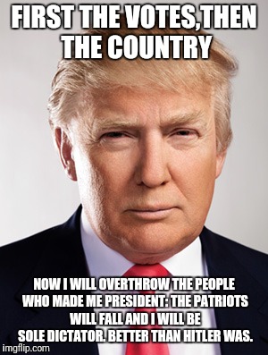 Dictator Trump | FIRST THE VOTES,THEN THE COUNTRY; NOW I WILL OVERTHROW THE PEOPLE WHO MADE ME PRESIDENT: THE PATRIOTS WILL FALL AND I WILL BE SOLE DICTATOR.
BETTER THAN HITLER WAS. | image tagged in donald trump,hitler,the patriots | made w/ Imgflip meme maker