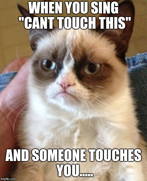 Grumpy Cat Meme | WHEN YOU SING "CANT TOUCH THIS"; AND SOMEONE TOUCHES YOU..... | image tagged in memes,grumpy cat | made w/ Imgflip meme maker