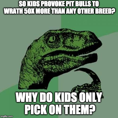 Philosoraptor Meme | SO KIDS PROVOKE PIT BULLS TO WRATH 50X MORE THAN ANY OTHER BREED? WHY DO KIDS ONLY PICK ON THEM? | image tagged in memes,philosoraptor | made w/ Imgflip meme maker