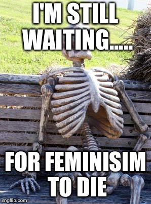 Waiting Skeleton | I'M STILL WAITING..... FOR FEMINISIM TO DIE | image tagged in memes,waiting skeleton | made w/ Imgflip meme maker