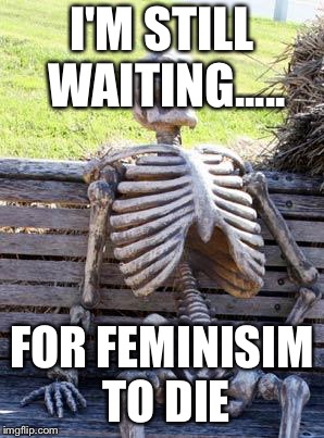 Waiting Skeleton Meme | I'M STILL WAITING..... FOR FEMINISIM TO DIE | image tagged in memes,waiting skeleton | made w/ Imgflip meme maker