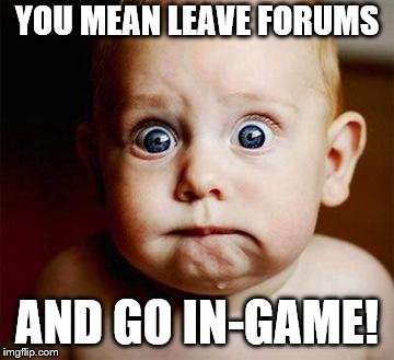 scared baby | YOU MEAN LEAVE FORUMS; AND GO IN-GAME! | image tagged in scared baby | made w/ Imgflip meme maker