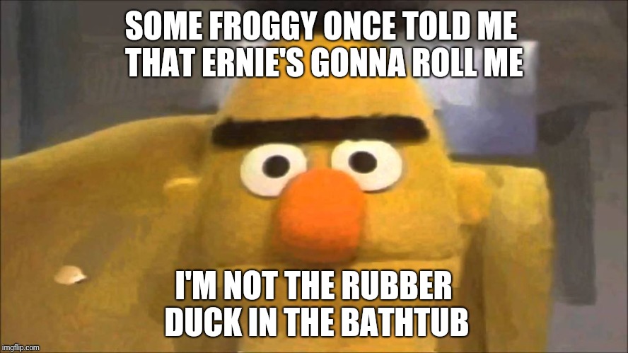 Bert Is Mad | SOME FROGGY ONCE TOLD ME THAT ERNIE'S GONNA ROLL ME; I'M NOT THE RUBBER DUCK IN THE BATHTUB | image tagged in bert is mad | made w/ Imgflip meme maker