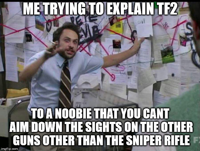Trying to explain | ME TRYING TO EXPLAIN TF2; TO A NOOBIE THAT YOU CANT AIM DOWN THE SIGHTS ON THE OTHER GUNS OTHER THAN THE SNIPER RIFLE | image tagged in trying to explain | made w/ Imgflip meme maker