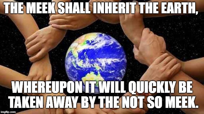 United Earth | THE MEEK SHALL INHERIT THE EARTH, WHEREUPON IT WILL QUICKLY BE TAKEN AWAY BY THE NOT SO MEEK. | image tagged in united earth | made w/ Imgflip meme maker