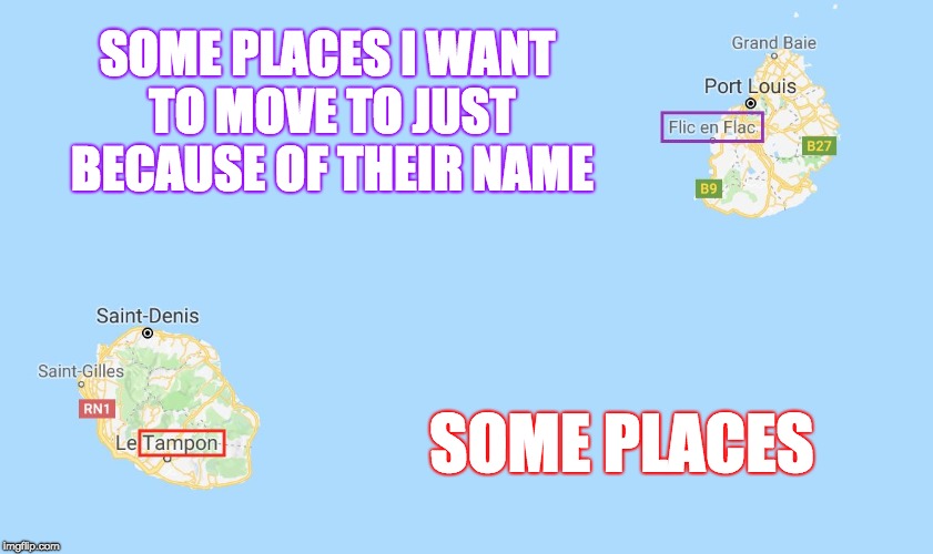 I mean their respective economic and political environments are important too... I guess. | SOME PLACES I WANT TO MOVE TO JUST BECAUSE OF THEIR NAME; SOME PLACES | image tagged in mauritius and reunion,bad names,google maps | made w/ Imgflip meme maker