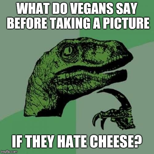 Philosoraptor | WHAT DO VEGANS SAY BEFORE TAKING A PICTURE; IF THEY HATE CHEESE? | image tagged in memes,philosoraptor | made w/ Imgflip meme maker