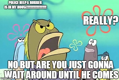 POLICE HELP A ROBBER IS IN MY HOUSE!!!!!!!!!!!!!!!!!!! REALLY? NO BUT ARE YOU JUST GONNA WAIT AROUND UNTIL HE COMES | image tagged in police,robber,no,but are you,just gonna wait,until he comes | made w/ Imgflip meme maker