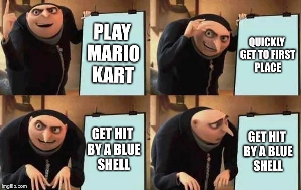 Mario Kart in a nutshell | PLAY MARIO KART; QUICKLY GET TO FIRST PLACE; GET HIT BY A BLUE SHELL; GET HIT BY A BLUE SHELL | image tagged in gru's plan,memes,mario kart,funny,despicable me,mario | made w/ Imgflip meme maker