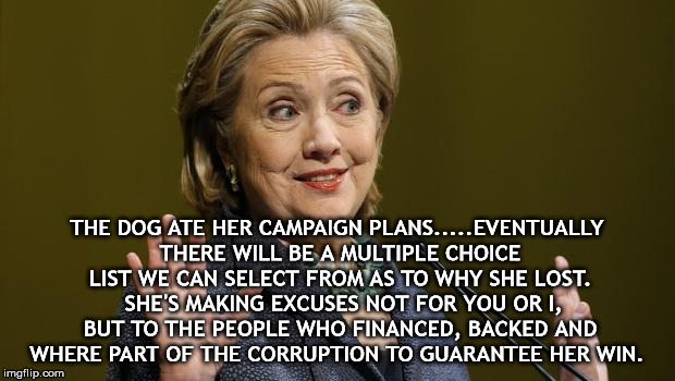 Hillary Clinton | THE DOG ATE HER CAMPAIGN PLANS.....EVENTUALLY THERE WILL BE A MULTIPLE CHOICE LIST WE CAN SELECT FROM AS TO WHY SHE LOST.  SHE'S MAKING EXCUSES NOT FOR YOU OR I, BUT TO THE PEOPLE WHO FINANCED, BACKED AND WHERE PART OF THE CORRUPTION TO GUARANTEE HER WIN. | image tagged in hillary clinton | made w/ Imgflip meme maker