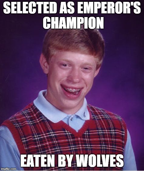 Bad Luck Brian Meme | SELECTED AS EMPEROR'S CHAMPION EATEN BY WOLVES | image tagged in memes,bad luck brian | made w/ Imgflip meme maker