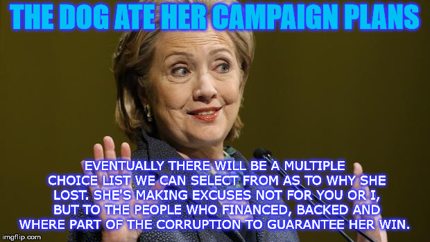 Hillary Clinton | THE DOG ATE HER CAMPAIGN PLANS; EVENTUALLY THERE WILL BE A MULTIPLE CHOICE LIST WE CAN SELECT FROM AS TO WHY SHE LOST. SHE'S MAKING EXCUSES NOT FOR YOU OR I, BUT TO THE PEOPLE WHO FINANCED, BACKED AND WHERE PART OF THE CORRUPTION TO GUARANTEE HER WIN. | image tagged in hillary clinton | made w/ Imgflip meme maker
