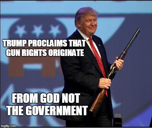 Trump & NRA | TRUMP PROCLAIMS THAT GUN RIGHTS ORIGINATE; FROM GOD NOT THE GOVERNMENT | image tagged in trump  nra | made w/ Imgflip meme maker