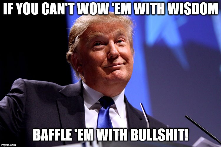King Chaos's golden rule of governance | IF YOU CAN'T WOW 'EM WITH WISDOM; BAFFLE 'EM WITH BULLSHIT! | image tagged in donald trump,memes,politics,dump trump | made w/ Imgflip meme maker