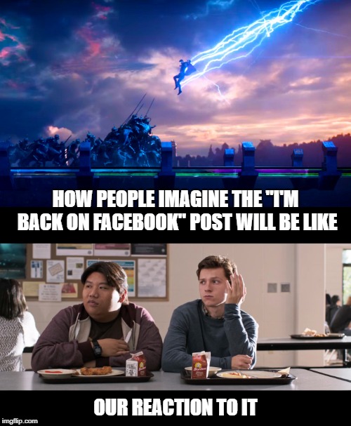 WHO CARES | HOW PEOPLE IMAGINE THE "I'M BACK ON FACEBOOK" POST WILL BE LIKE; OUR REACTION TO IT | image tagged in facebook,marvel,thor,spiderman,funny,reaction | made w/ Imgflip meme maker
