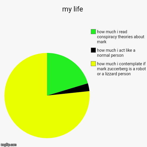 my life | how much i contemplate if mark zuccerberg is a robot or a lizzard person, how much i act like a normal person, how much i read con | image tagged in funny,pie charts | made w/ Imgflip chart maker