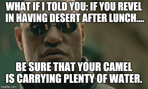 It's only a little desert.... | WHAT IF I TOLD YOU: IF YOU REVEL IN HAVING DESERT AFTER LUNCH.... BE SURE THAT YOUR CAMEL IS CARRYING PLENTY OF WATER. | image tagged in memes,matrix morpheus,original meme,original,original memes | made w/ Imgflip meme maker