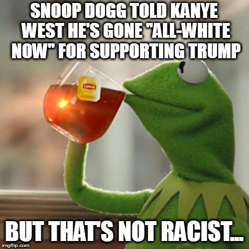 Double Standards | SNOOP DOGG TOLD KANYE WEST HE'S GONE "ALL-WHITE NOW" FOR SUPPORTING TRUMP; BUT THAT'S NOT RACIST... | image tagged in memes,but thats none of my business,kermit the frog | made w/ Imgflip meme maker