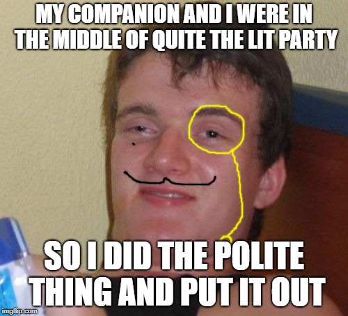 I mean seriously, Why did they kick me out? I was only putting out the fire. Whaddya mean there wasnt any? He said it was lit! | MY COMPANION AND I WERE IN THE MIDDLE OF QUITE THE LIT PARTY; SO I DID THE POLITE THING AND PUT IT OUT | image tagged in memes,10 guy | made w/ Imgflip meme maker