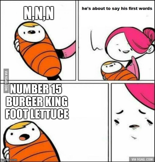 He is About to Say His First Words | N,N,N; NUMBER 15 BURGER KING FOOT LETTUCE | image tagged in he is about to say his first words,memes | made w/ Imgflip meme maker