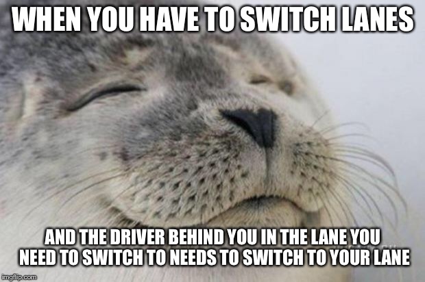 Happy Seal | WHEN YOU HAVE TO SWITCH LANES; AND THE DRIVER BEHIND YOU IN THE LANE YOU NEED TO SWITCH TO NEEDS TO SWITCH TO YOUR LANE | image tagged in happy seal | made w/ Imgflip meme maker