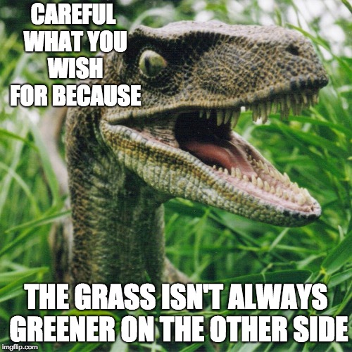 Raptor Tall Grass | CAREFUL WHAT YOU WISH FOR BECAUSE; THE GRASS ISN'T ALWAYS GREENER ON THE OTHER SIDE | image tagged in raptor tall grass | made w/ Imgflip meme maker