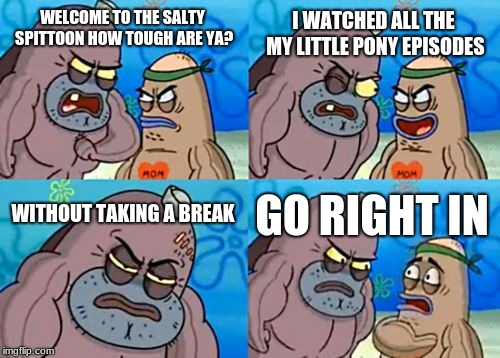 How Tough Are You | I WATCHED ALL THE MY LITTLE PONY EPISODES; WELCOME TO THE SALTY SPITTOON HOW TOUGH ARE YA? WITHOUT TAKING A BREAK; GO RIGHT IN | image tagged in memes,how tough are you | made w/ Imgflip meme maker