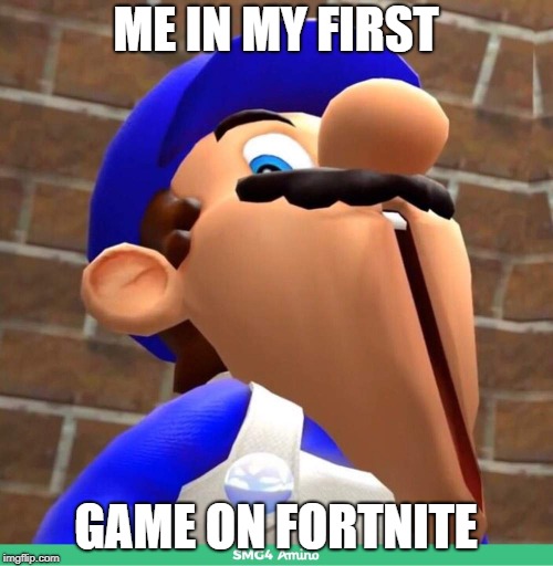 smg4's face | ME IN MY FIRST; GAME ON FORTNITE | image tagged in smg4's face | made w/ Imgflip meme maker