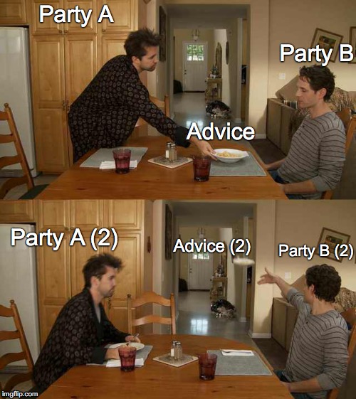 It's Always Sunny Mac And Cheese | Party A; Party B; Advice; Party A (2); Party B (2); Advice (2) | image tagged in it's always sunny mac and cheese | made w/ Imgflip meme maker