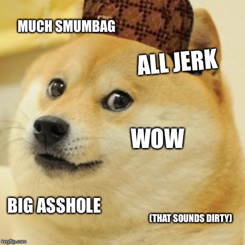 Doge Meme | MUCH SMUMBAG; ALL JERK; WOW; BIG ASSHOLE; (THAT SOUNDS DIRTY) | image tagged in memes,doge,scumbag | made w/ Imgflip meme maker