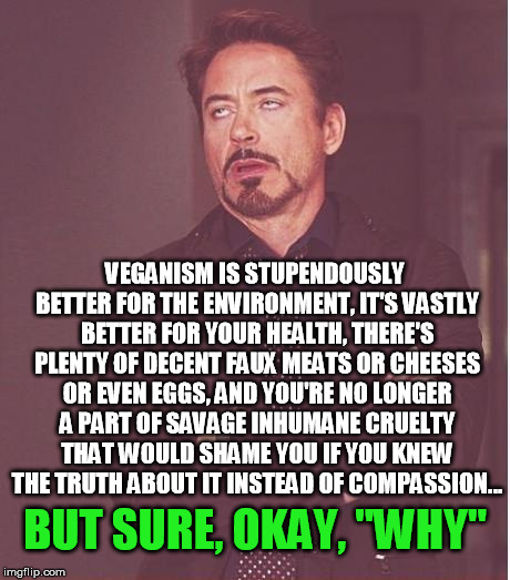 Face You Make Robert Downey Jr Meme | VEGANISM IS STUPENDOUSLY BETTER FOR THE ENVIRONMENT, IT'S VASTLY BETTER FOR YOUR HEALTH, THERE'S PLENTY OF DECENT FAUX MEATS OR CHEESES OR E | image tagged in memes,face you make robert downey jr | made w/ Imgflip meme maker