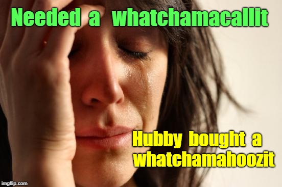 First World Problems -- Whatchamacallit | Needed  a   whatchamacallit; Hubby  bought  a        whatchamahoozit | image tagged in memes,first world problems | made w/ Imgflip meme maker