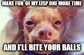 MAKE FUN OF MY LISP | MAKE FUN  OF MY LISP
ONE MORE TIME; AND I'LL BITE YOUR BALLS | image tagged in lisp,dog | made w/ Imgflip meme maker