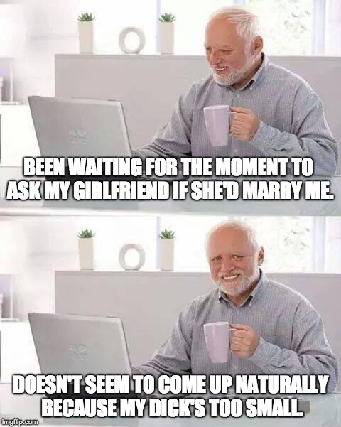 Having an Average-Sized Dick is Important (Sometimes) | BEEN WAITING FOR THE MOMENT TO ASK MY GIRLFRIEND IF SHE'D MARRY ME. DOESN'T SEEM TO COME UP NATURALLY BECAUSE MY DICK'S TOO SMALL. | image tagged in memes,hide the pain harold,average,dick,girlfriend,marry | made w/ Imgflip meme maker