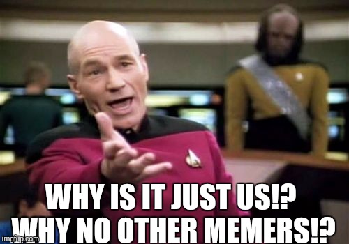 Picard Wtf Meme | WHY IS IT JUST US!? WHY NO OTHER MEMERS!? | image tagged in memes,picard wtf | made w/ Imgflip meme maker