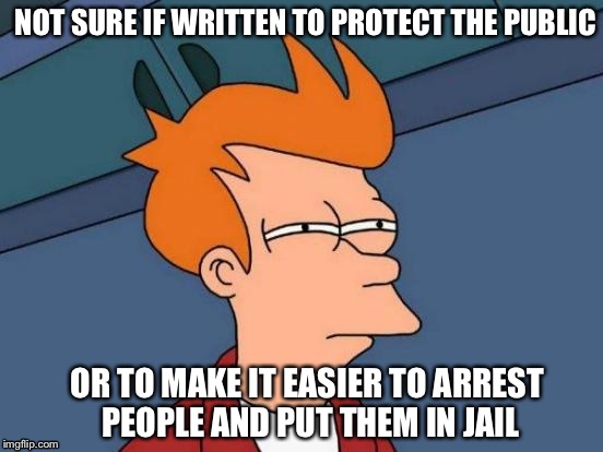 What I’ve been wondering about laws criminalizing victimless acts | NOT SURE IF WRITTEN TO PROTECT THE PUBLIC; OR TO MAKE IT EASIER TO ARREST PEOPLE AND PUT THEM IN JAIL | image tagged in memes,futurama fry | made w/ Imgflip meme maker