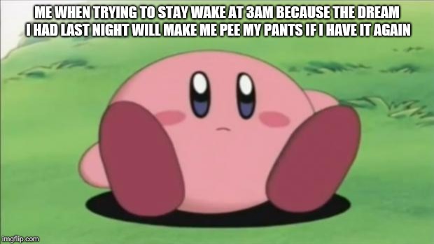 kirby | ME WHEN TRYING TO STAY WAKE AT 3AM BECAUSE THE DREAM I HAD LAST NIGHT WILL MAKE ME PEE MY PANTS IF I HAVE IT AGAIN | image tagged in kirby | made w/ Imgflip meme maker