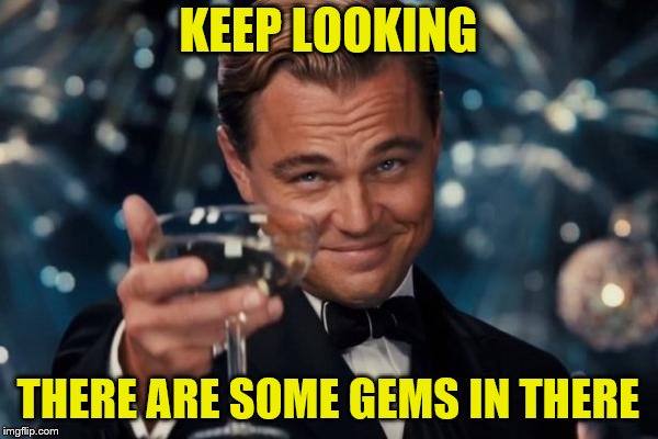Leonardo Dicaprio Cheers Meme | KEEP LOOKING THERE ARE SOME GEMS IN THERE | image tagged in memes,leonardo dicaprio cheers | made w/ Imgflip meme maker