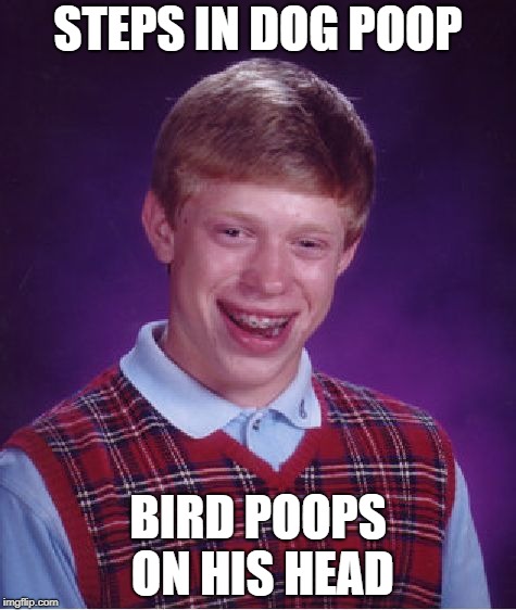 Bad Luck Brian Meme | STEPS IN DOG POOP BIRD POOPS ON HIS HEAD | image tagged in memes,bad luck brian | made w/ Imgflip meme maker
