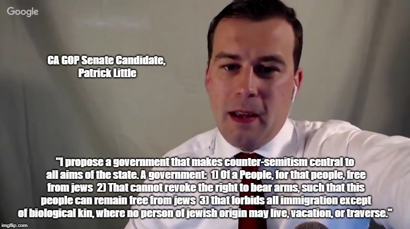 CA GOP Senate Candidate, Patrick Little "I propose a government that makes counter-semitism central to all aims of the state. A government:
 | made w/ Imgflip meme maker