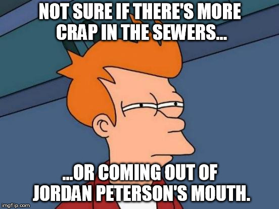 Futurama Fry | NOT SURE IF THERE'S MORE CRAP IN THE SEWERS... ...OR COMING OUT OF JORDAN PETERSON'S MOUTH. | image tagged in memes,futurama fry | made w/ Imgflip meme maker