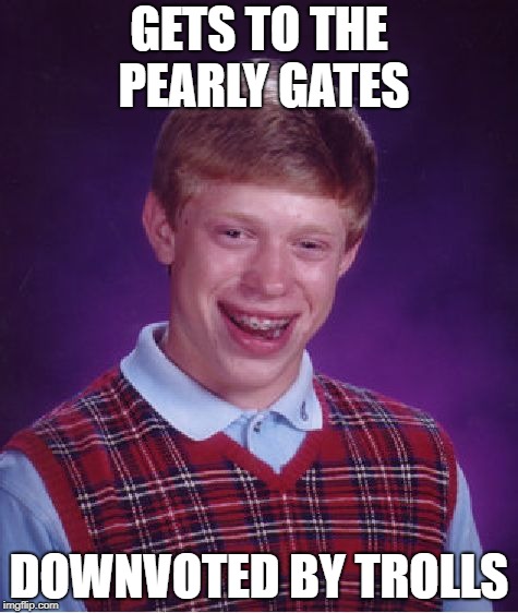 Bad Luck Brian Meme | GETS TO THE PEARLY GATES DOWNVOTED BY TROLLS | image tagged in memes,bad luck brian | made w/ Imgflip meme maker